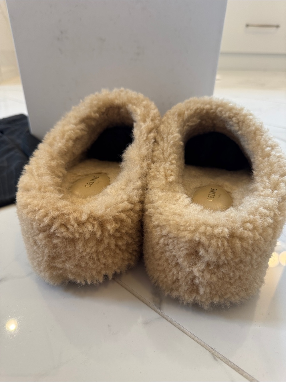 Celine Shearling Logo Clogs in Beige and Brown - Picture 5 of 5